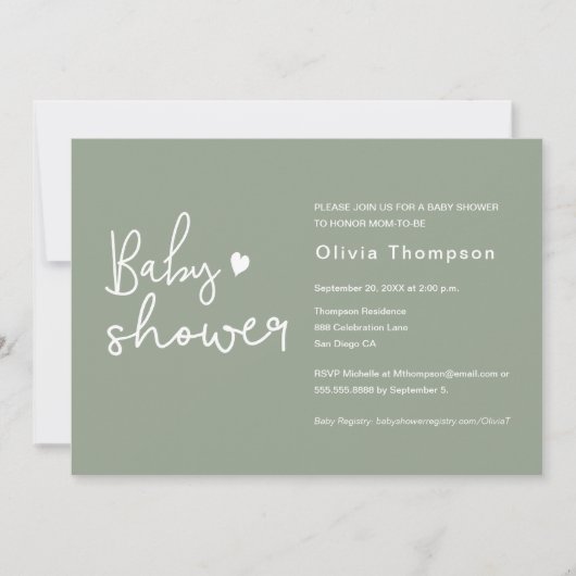 Invitation Script moderne Baby shower vert Sage (Devant)