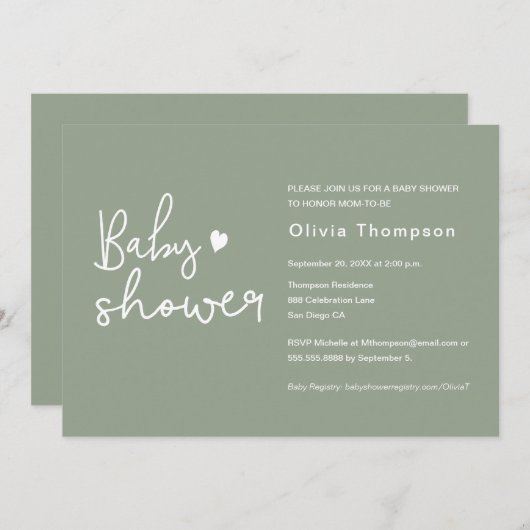 Invitation Script moderne Baby shower vert Sage (Devant / Derrière)