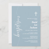 Invitation Script moderne Baptême Blanc Croix Dusty Bleu (Devant)