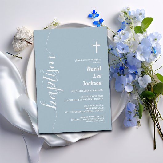 Invitation Script moderne Baptême Blanc Croix Dusty Bleu