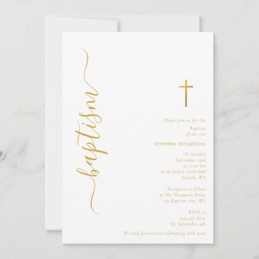 Invitation Script moderne Baptême blanc et doré (Devant)