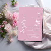 Invitation Script moderne Baptême Croix blanche rose Dusty