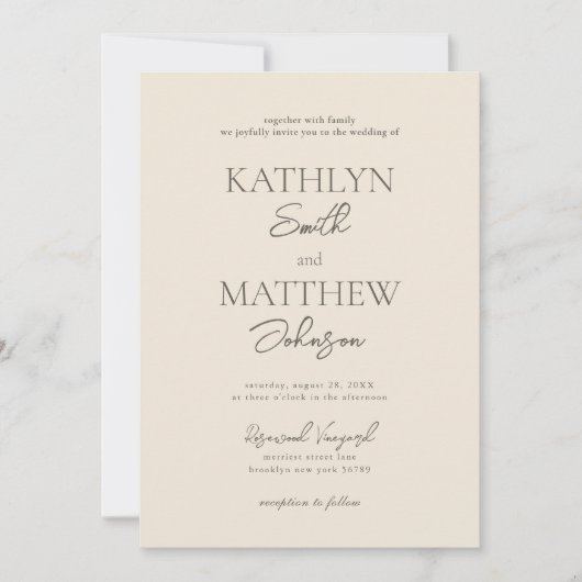 Invitation Script moderne beige Whimsical Mariage bohème (Devant)