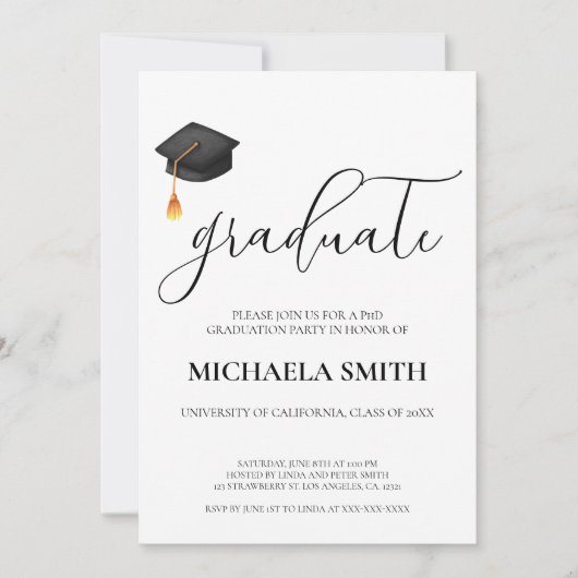 Invitation Script moderne Black Casquette College Graduation  (Devant)