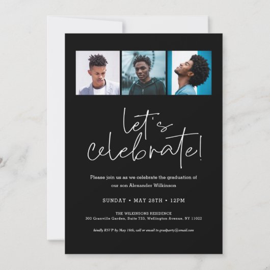 Invitation Script moderne Black Fun Simple 4 Photo Graduation (Dos)