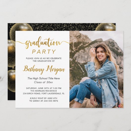 Invitation Script moderne Black Gold Balloon Graduation Photo (Devant / Derrière)