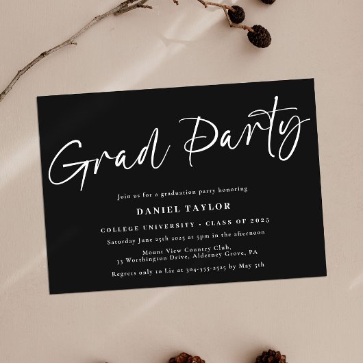 Invitation Script moderne Black White 2025 Graduation Party
