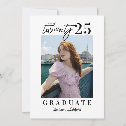 Invitation Script moderne Blanc Black Photo Party Graduation (Devant)