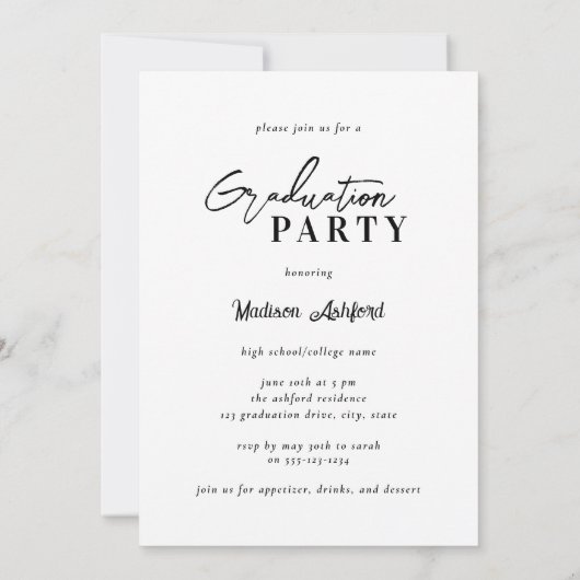 Invitation Script moderne Blanc Black Photo Party Graduation (Dos)