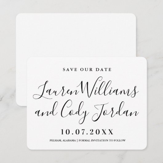 Invitation Script moderne blanc et noir Enregistrer la date (Devant / Derrière)