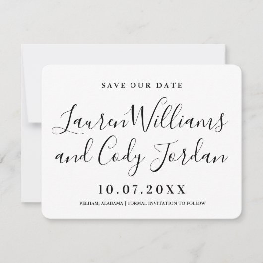 Invitation Script moderne blanc et noir Enregistrer la date (Devant)