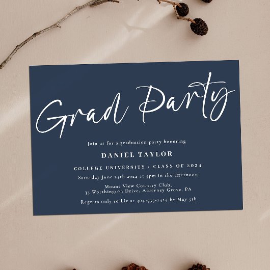 Invitation Script moderne Blue White Graduation Party