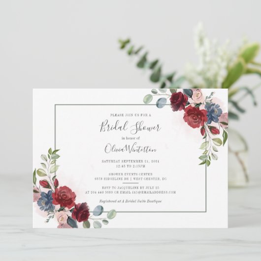 Invitation Script moderne Blush Bourgogne Fête des mariées fl (Debout devant)