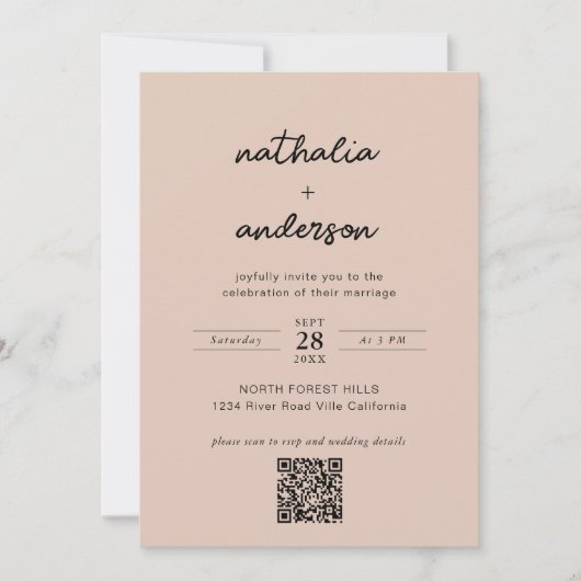 Invitation Script moderne Boho Beige Photo QR Code Mariage (Devant)