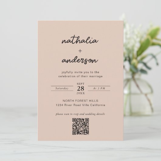 Invitation Script moderne Boho Beige Photo QR Code Mariage (Debout devant)