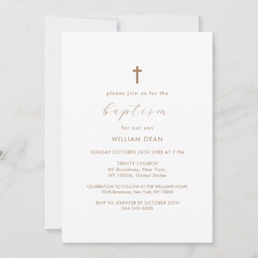 Invitation Script moderne Boho Gold Cross Baptême (Devant)