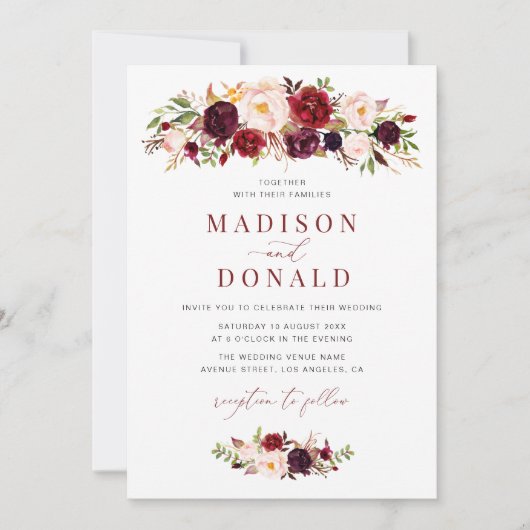 Invitation Script moderne bordeaux et floral mariage (Devant)