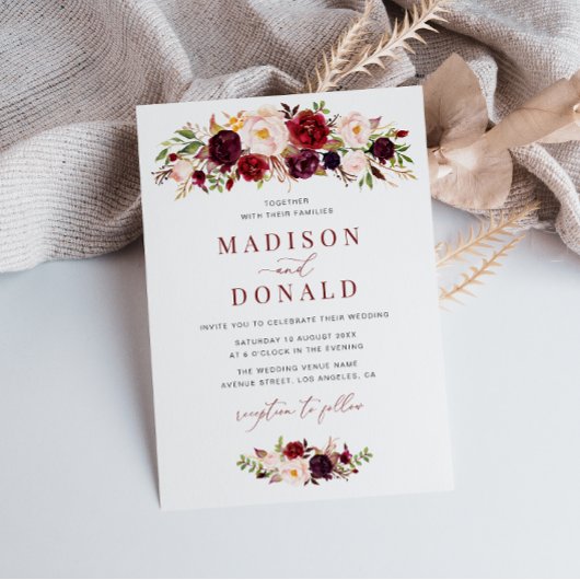 Invitation Script moderne bordeaux et floral mariage