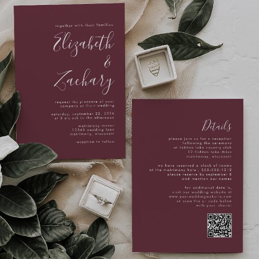 Invitation Script moderne Bourgogne QR Code Mariage
