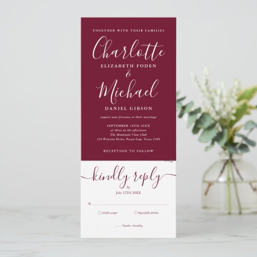 Invitation Script moderne Bourgogne tout en un Mariage photo (Debout devant)