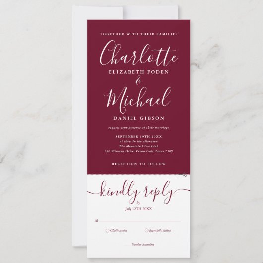 Invitation Script moderne Bourgogne tout en un Mariage photo (Devant)