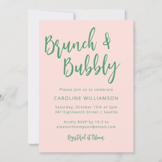 Invitation Script moderne Brunch Bubbly Douche rose vert (Devant)