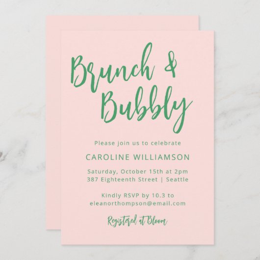 Invitation Script moderne Brunch Bubbly Douche rose vert (Devant / Derrière)
