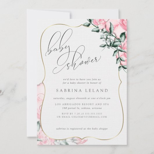 Invitation Script moderne Calligraphie Baby shower rose rose (Devant)