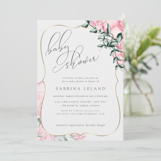 Invitation Script moderne Calligraphie Baby shower rose rose (Debout devant)