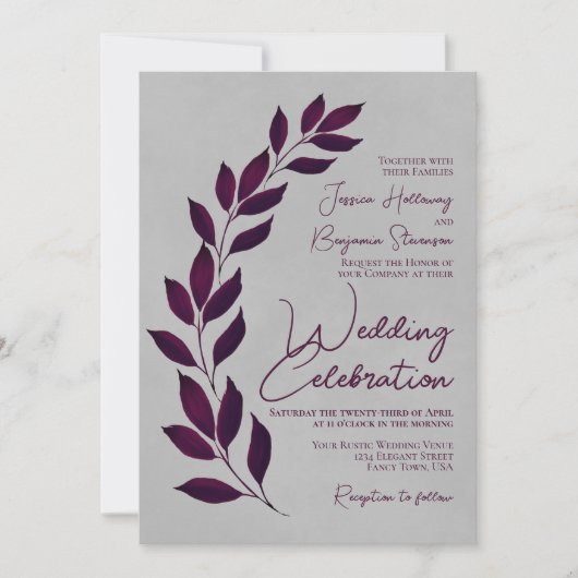 Invitation Script moderne Cassis Feuilles violets sur Mariage (Devant)