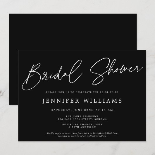 Invitation Script moderne Chic Noir + Fête des mariées blanch (Devant / Derrière)