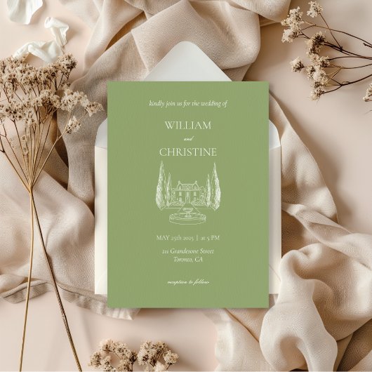 Invitation Script Moderne Classique Vert Tout En Un Mariage
