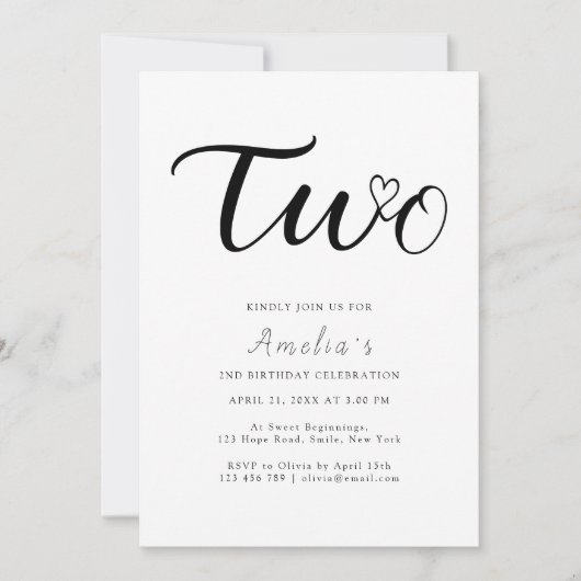 Invitation Script moderne Coeur Boho Simple 2e anniversaire (Devant)