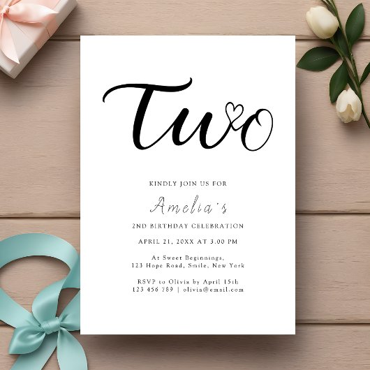 Invitation Script moderne Coeur Boho Simple 2e anniversaire