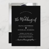 Invitation Script moderne Coeur QR Code Photo Mariage noir (Devant / Derrière)