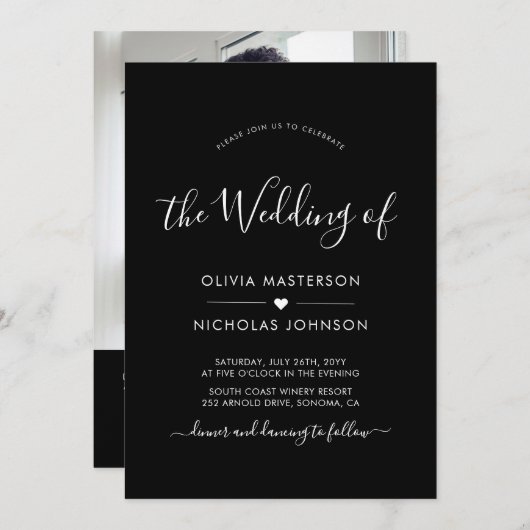Invitation Script moderne Coeur QR Code Photo Mariage noir (Devant / Derrière)