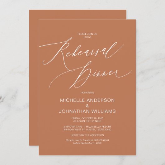 Invitation Script moderne, Cuivre, Dîner de répétition Mariag (Devant / Derrière)