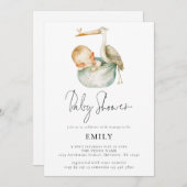Invitation Script moderne Cute Stork et Baby shower (Devant / Derrière)