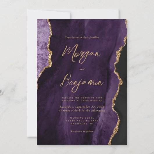 Invitation Script moderne d'agate violet Code QR Mariage (Devant)