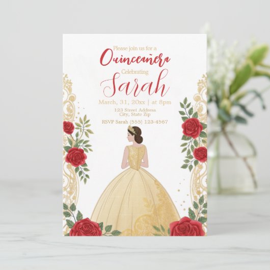 Invitation Script Moderne Design Chic Or Floral Anniversaire (Debout devant)