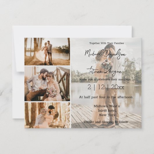 Invitation script moderne design quatre photos collage mariag (Devant)