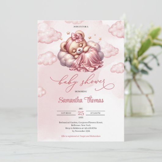 Invitation Script moderne dormir ours fille Baby shower (Debout devant)