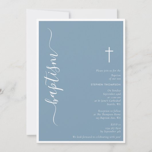 Invitation Script moderne Dusty Baptême Baptême Bleu Brisant (Devant)