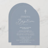 Invitation Script moderne Dusty Blue Baby Baptism (Devant / Derrière)