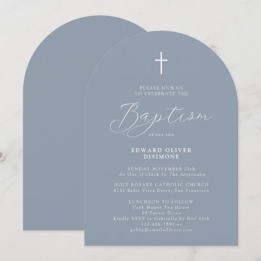 Invitation Script moderne Dusty Blue Baby Baptism (Devant / Derrière)