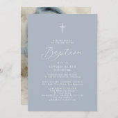 Invitation Script moderne Dusty Blue Baby Photo Baptême (Devant / Derrière)