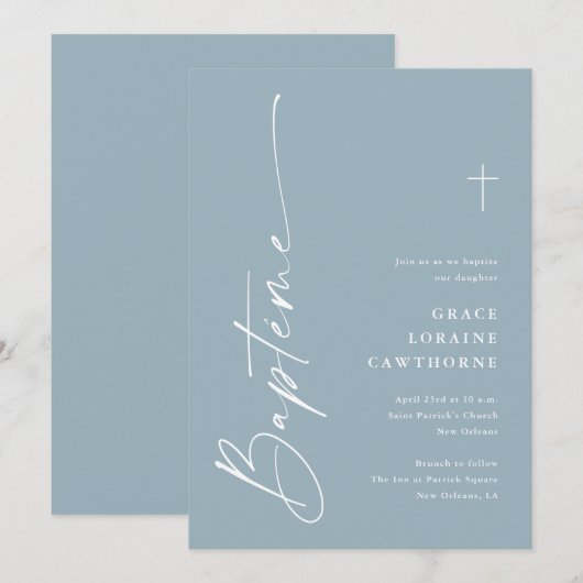 Invitation Script moderne Dusty Blue Boys French Bapteme (Devant / Derrière)