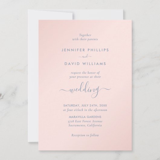 Invitation Script moderne Dusty Blue et Blush Mariage (Devant)