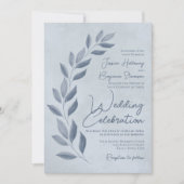 Invitation Script moderne Dusty Blue & Pewer Feuille Mariage (Devant)