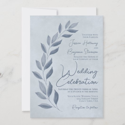 Invitation Script moderne Dusty Blue & Pewer Feuille Mariage (Devant)